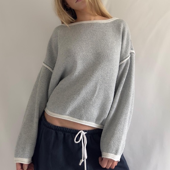 Gray Knit Sweater with White Trim